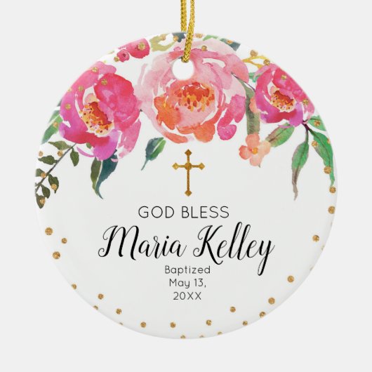Pink Floral Personalized Girl Baptism Ornament (Voorkant)