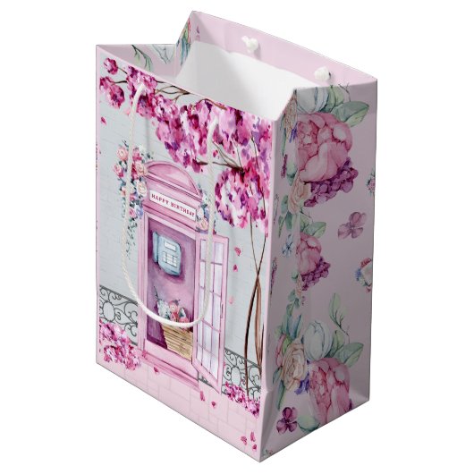 Pink Floral Phone Booth Medium Cadeauzakje (Voorkant Gekanteld)