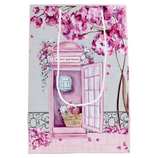 Pink Floral Phone Booth Medium Cadeauzakje (Achterkant)