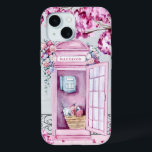 Pink Floral Phone Booth op maat iPhone 15 Case<br><div class="desc">Deze mooie telefoonbehuizing is voorzien van een roze telefooncel in bloemen met een nabijgelegen boom die roze bloesems op de grond laat vallen. Je kunt je personaliseren met jouw naam.</div>