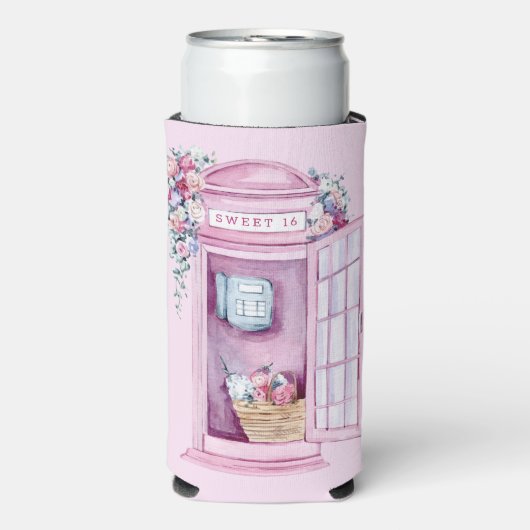 Pink Floral Phone Booth | Zoet 16 Seltzer Blikjeskoeler (Seltzer Voorkant)