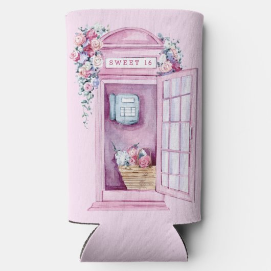 Pink Floral Phone Booth | Zoet 16 Seltzer Blikjeskoeler (Achterkant)