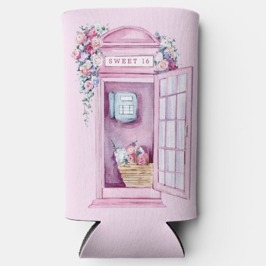 Pink Floral Phone Booth | Zoet 16 Seltzer Blikjeskoeler (Voorkant)