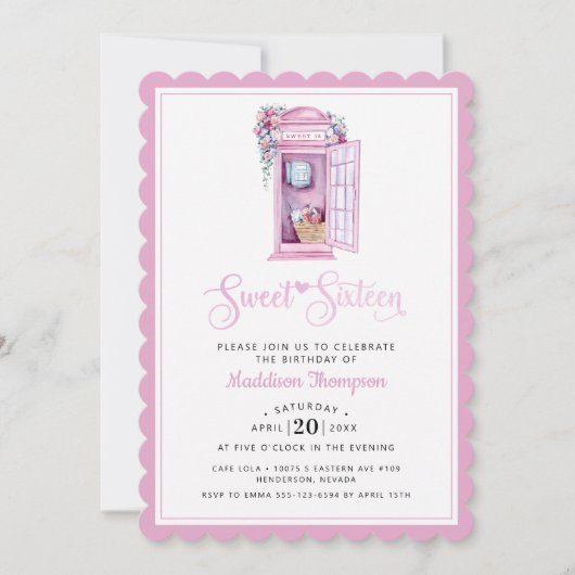 Pink Floral Phone Booth | Zoete 16 Uitnodiging (Voorkant)