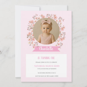 Pink Floral Photo Birthday Invitation for Girl Kaart