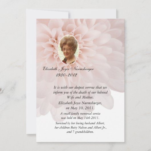 Pink Floral Photo Death Announcard Aankondiging (Voorkant)