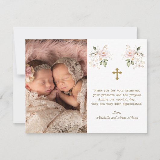 Pink Floral Photo Girls Twins Gold Cross Baptisme Bedankkaart (Voorkant)