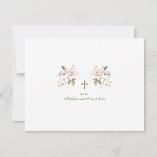 Pink Floral Photo Girls Twins Gold Cross Baptisme Bedankkaart (Achterkant)