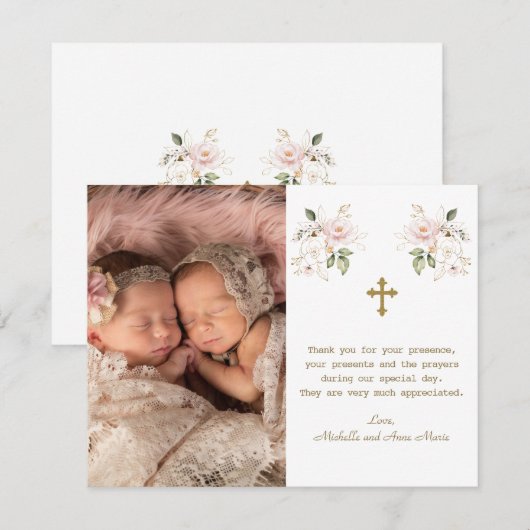 Pink Floral Photo Girls Twins Gold Cross Baptisme Bedankkaart (Voorkant / Achterkant)