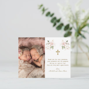 Pink Floral Photo Girls Twins Gold Cross Baptisme Bedankkaart