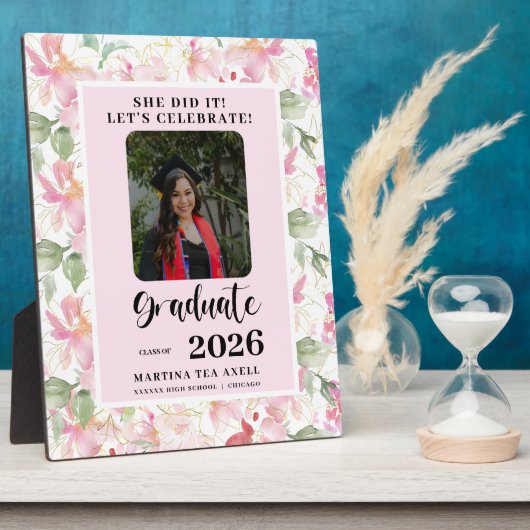 Pink Floral Photo Graduation Party Welcome Fotoplaat (Zijkant)