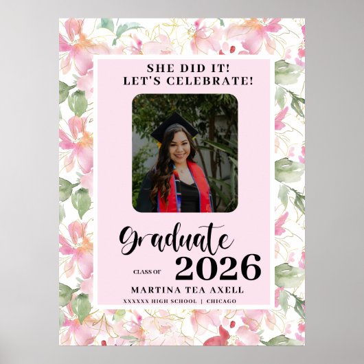 Pink Floral Photo Graduation Party Welcome  Poster (Voorkant)