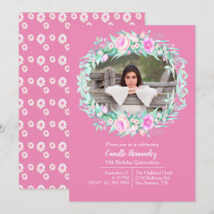 Pink Floral Photo Lijst Quinceañera Kaart