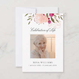 Pink Floral Photo Memorial Funeral Prayer Card Notitiekaartje