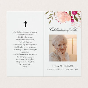 Pink Floral Photo Memorial Funeral Prayer Card Visitekaartje