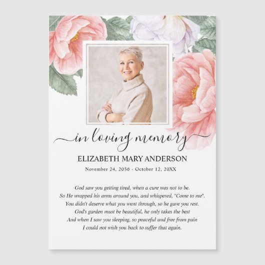 Pink Floral Photo Sympathie Funeral Prayer Card (Voorkant)