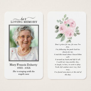 Pink Floral Photo Sympathie Funeral Prayer Card Visitekaartje