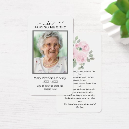 Pink Floral Photo Sympathie Funeral Prayer Card Visitekaartje (Bureau)