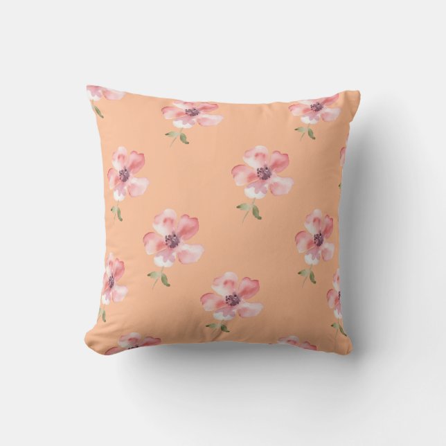 Pink Floral Pillow – Orange Pastel Pattern Kussen (Voorkant)
