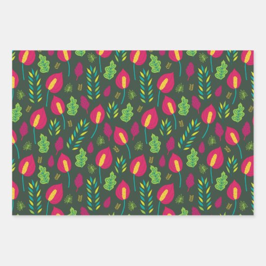 Pink Floral Plant Pattern Inpakpapier Vel (Voorkant 2)