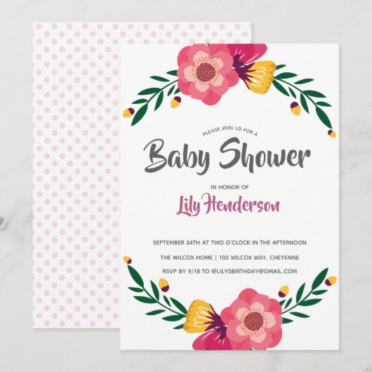 Pink Floral Polka Dot Baby shower Party Kaart (Voorkant / Achterkant)