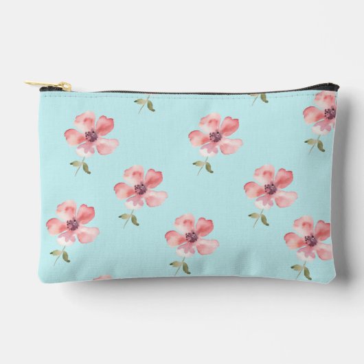 Pink Floral Pouch – Blue Pastel Pattern Etui (Voorkant)