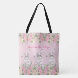 Pink Floral Precious Bunny Rabbit Tote Bag