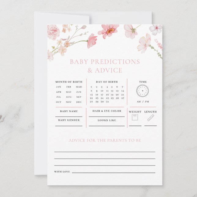 Pink Floral Predictions Advies Baby shower spel (Voorkant)