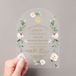 Pink Floral Primera Comunión Twins Holy Communion Acryl Uitnodigingen