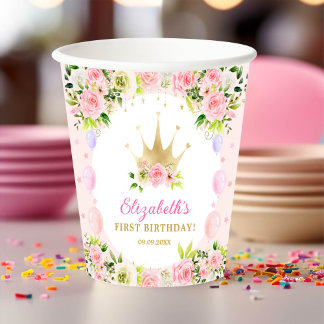 Pink Floral Princess Crown 1st Birthday Papieren Bekers