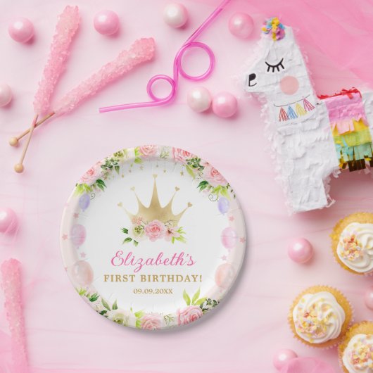 Pink Floral Princess Crown 1st Birthday Papieren Bordje (Feest)