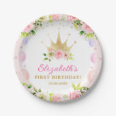 Pink Floral Princess Crown 1st Birthday Papieren Bordje (Voorkant)