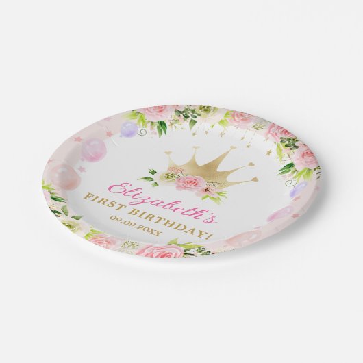 Pink Floral Princess Crown 1st Birthday Papieren Bordje (Gekanteld)