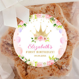 Pink Floral Princess Crown 1st Birthday Ronde Sticker