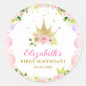Pink Floral Princess Crown 1st Birthday Ronde Sticker (Voorkant)