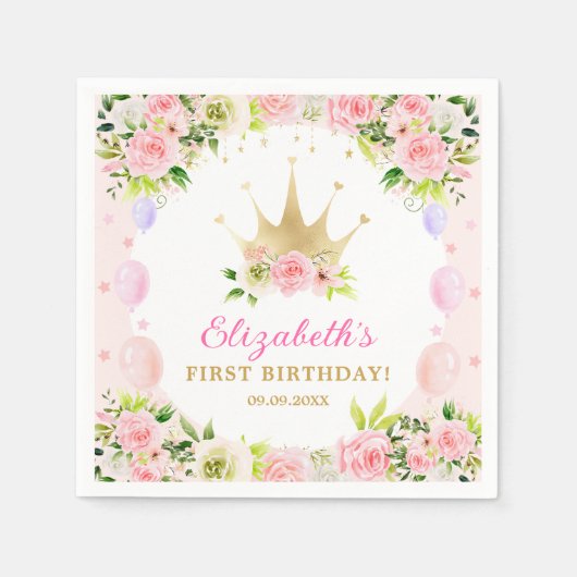 Pink Floral Princess Crown 1st Birthday Servet (Voorkant)