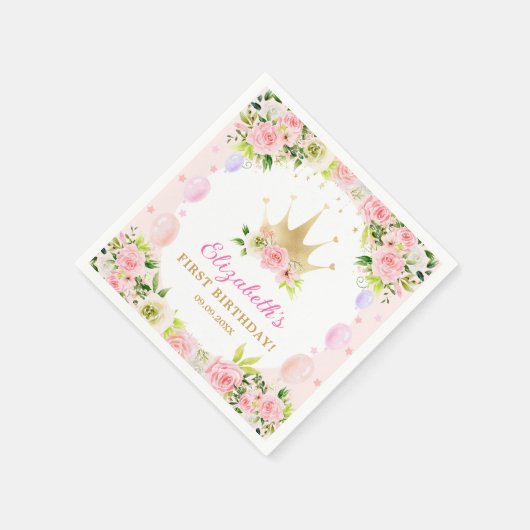 Pink Floral Princess Crown 1st Birthday Servet (Hoek)