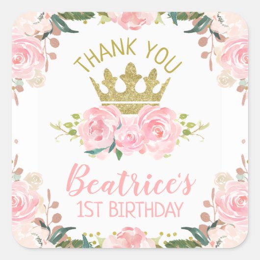 Pink Floral Princess Crown 1st Birthday Vierkante Sticker (Voorkant)