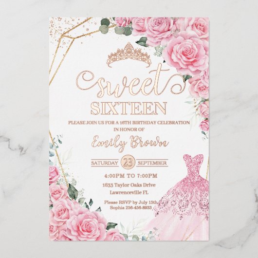 Pink Floral Princess Dress Sweet 16 Rose Gold Folie Uitnodiging (Voorkant)