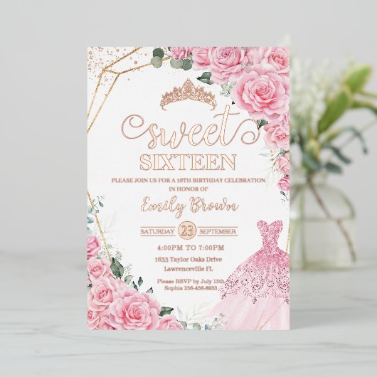 Pink Floral Princess Dress Sweet 16 Rose Gold Folie Uitnodiging (Staand Voorkant)