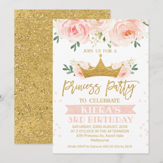 Pink Floral Princess Party Birthday Invitation Kaart (Voorkant / Achterkant)