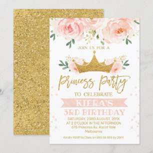 Pink Floral Princess Party Birthday Invitation Kaart