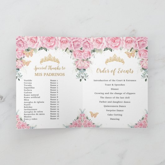 Pink Floral Princess Quinceañera Orde van evenemen Programma (Binnen)