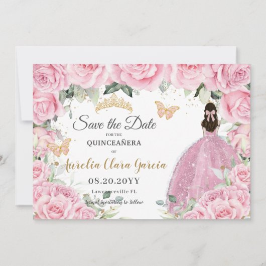 Pink Floral Princess Quinceañera Quince Sweet 16  Save The Date (Voorkant)
