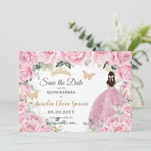 Pink Floral Princess Quinceañera Quince Sweet 16 Save The Date (Staand voorkant)