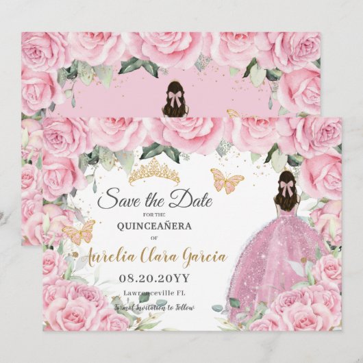 Pink Floral Princess Quinceañera Quince Sweet 16  Save The Date (Voorkant / Achterkant)