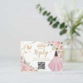 Pink Floral Princess Quinceanera RSVP QR Code Informatiekaartje (Staand voorkant)