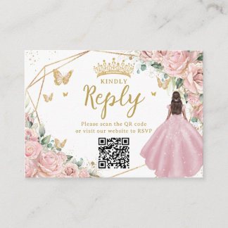 Pink Floral Princess Quinceanera RSVP QR Code Informatiekaartje