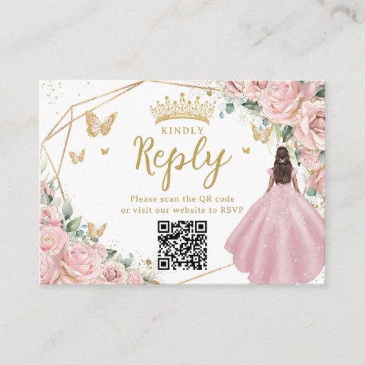 Pink Floral Princess Quinceanera RSVP QR Code Informatiekaartje (Voorkant)