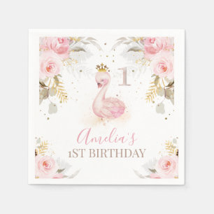 Pink Floral Princess Swan 1st Birthday Paper Servet